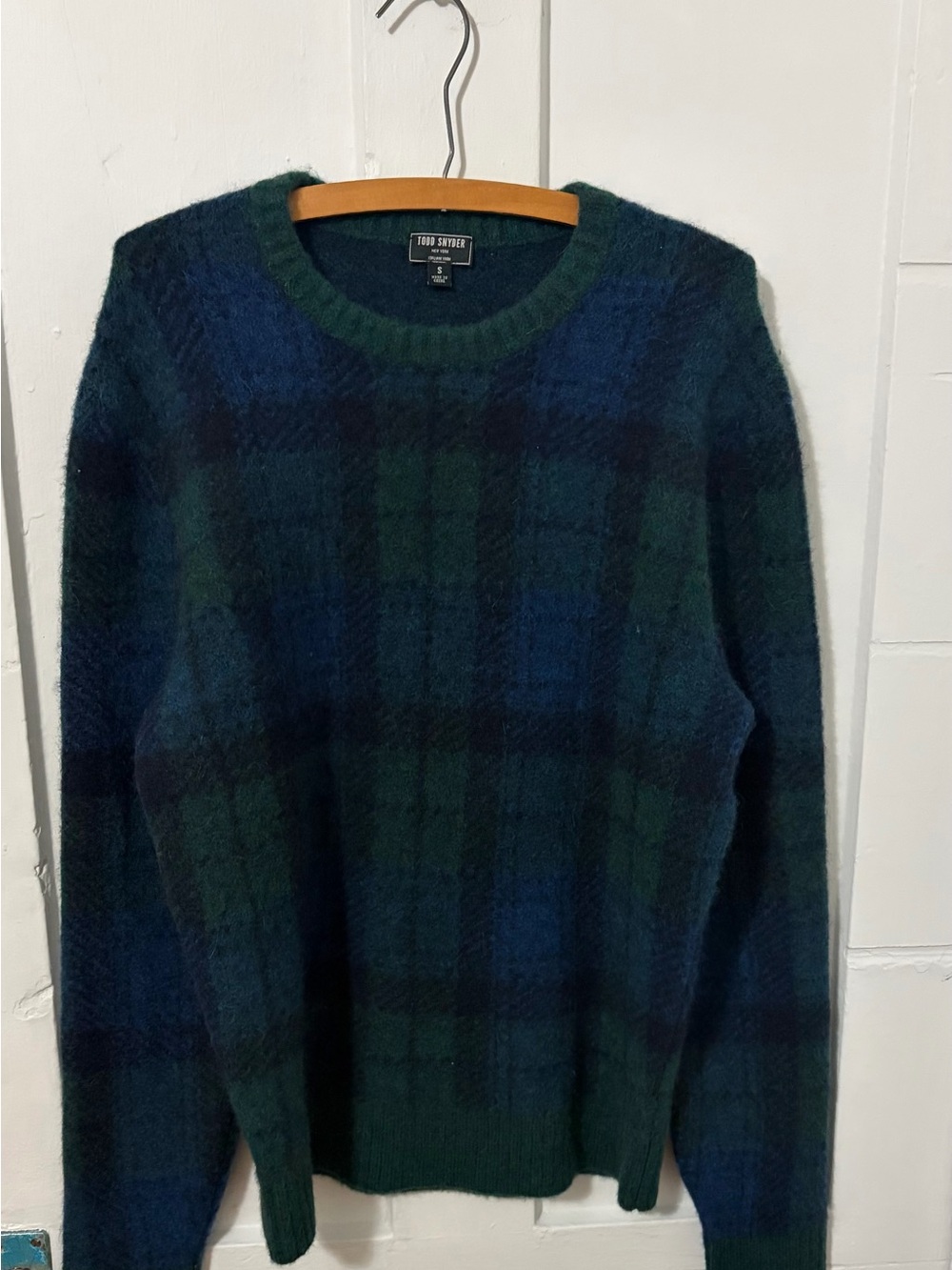 Todd Snyder Forest Green & Navy Plaid Crewneck Sweater